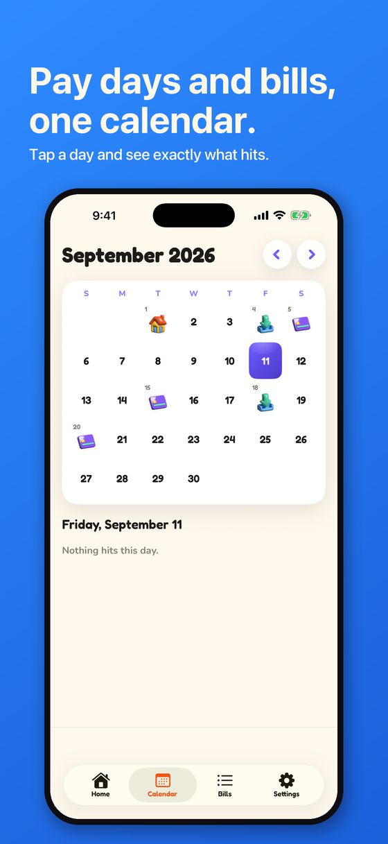Burrow's calendar month with icons on the days that have bills and paydays