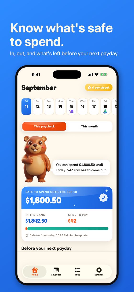 Burrow's Home screen showing a strip of days, the paycheck card with safe to spend, and the bills still to come
