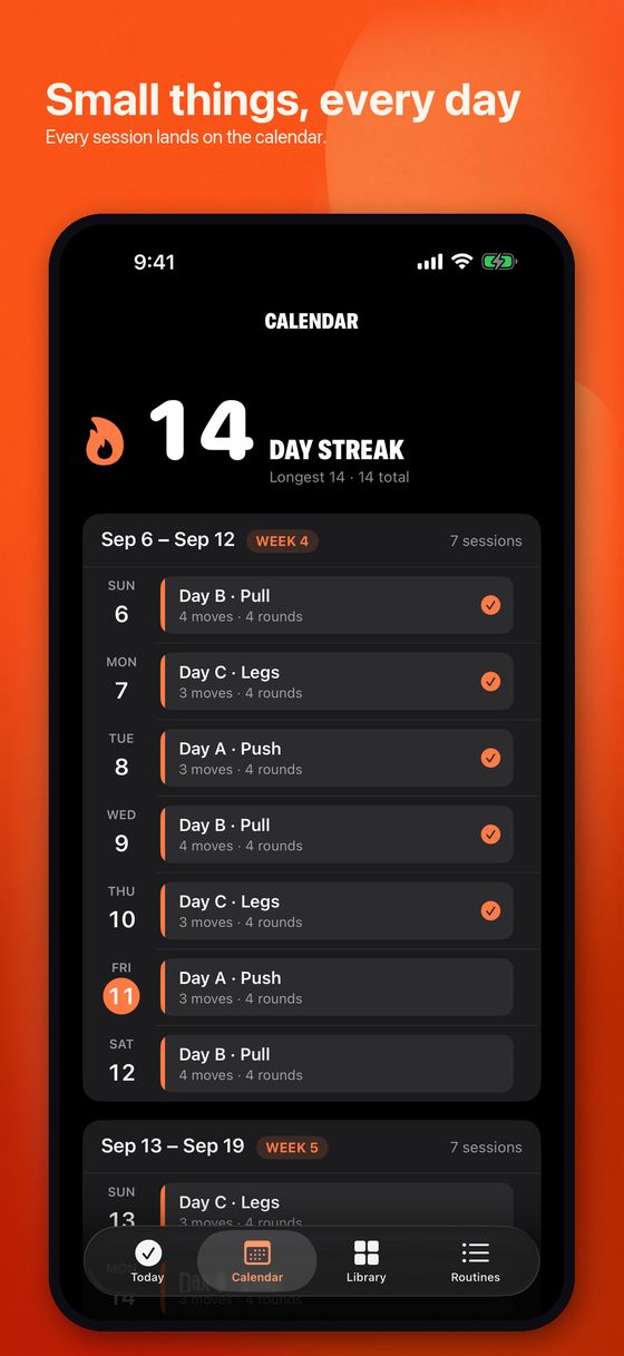 Routine's calendar showing the week-by-week list of sessions with completed days ticked