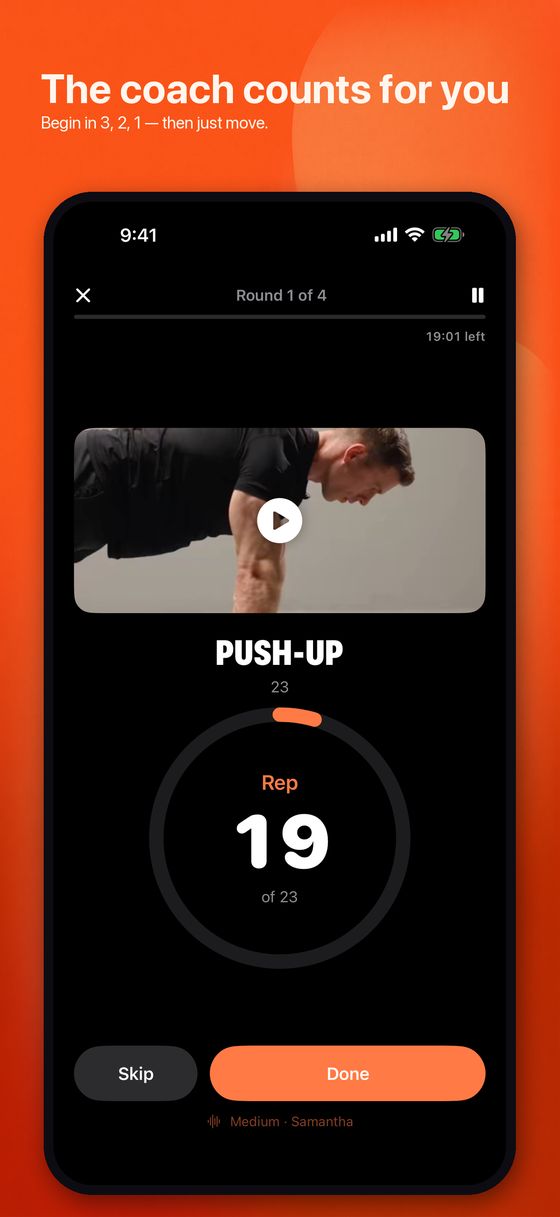 Routine counting reps during a session, showing the rep number, the round, and the time left