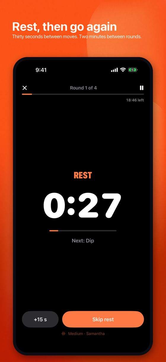 Routine's rest screen with a large countdown timer and the next move named underneath
