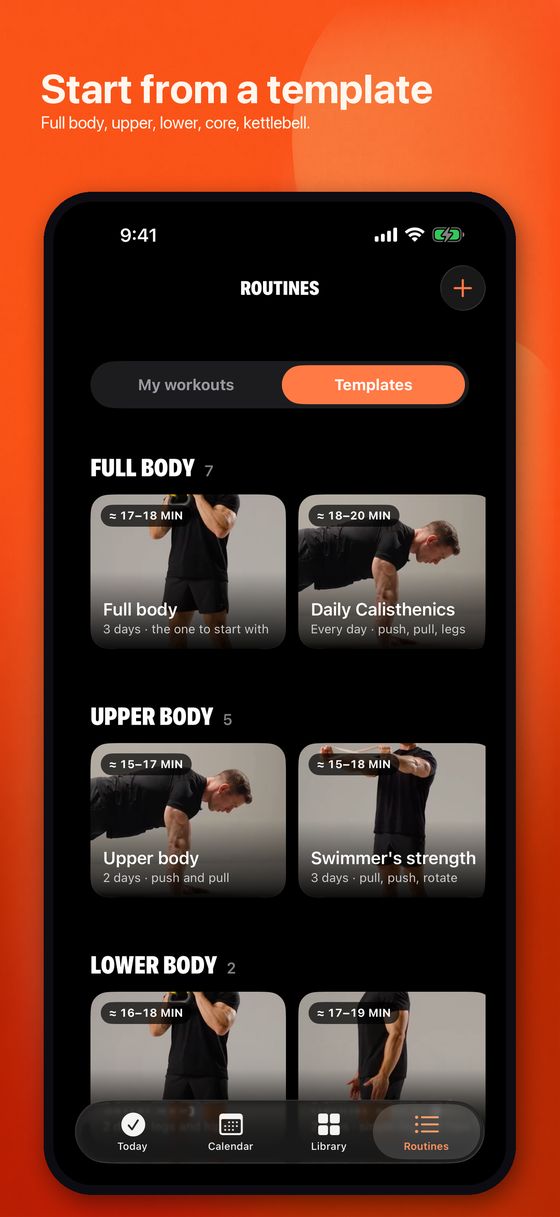 Routine's Templates tab with workouts grouped under Full body, Upper body and Lower body headings