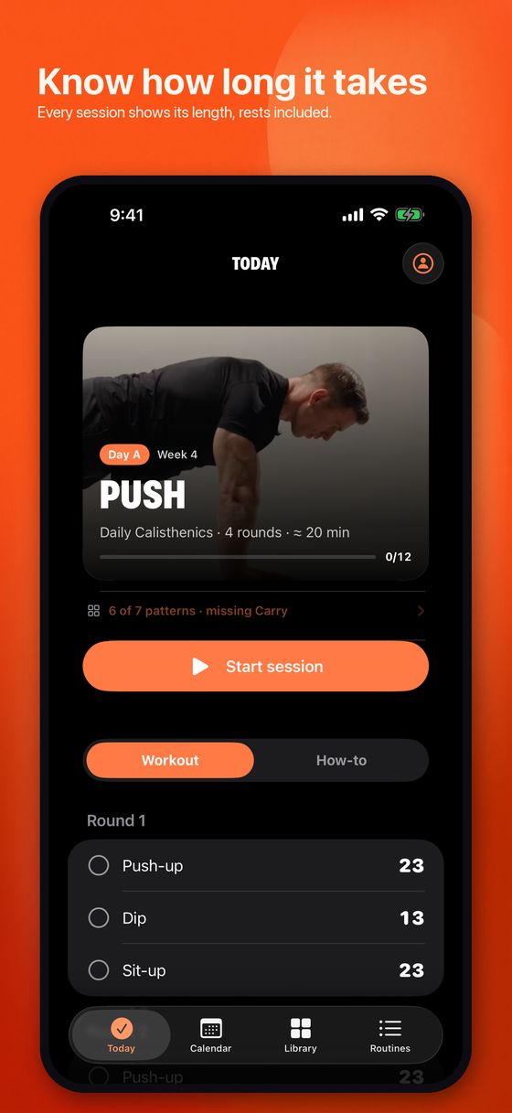 Routine's Today screen showing the day letter, week number, estimated length and the moves for the session