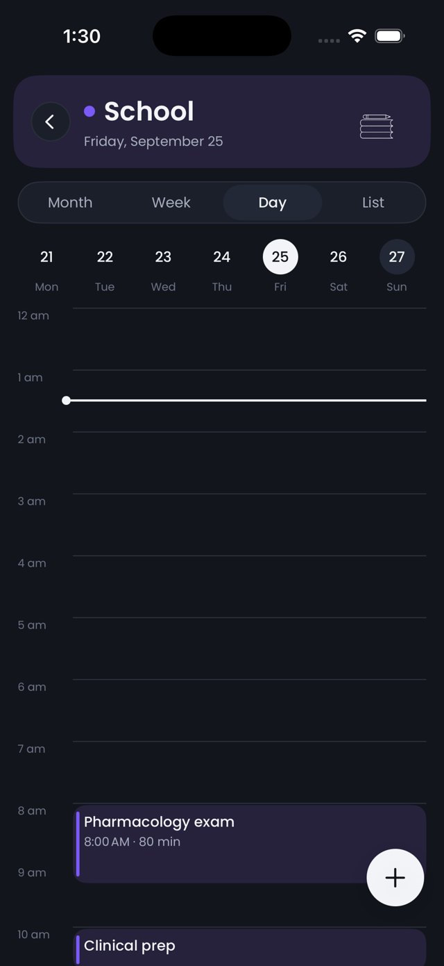 The School calendar in Day view in dark mode, with timed blocks and the now line