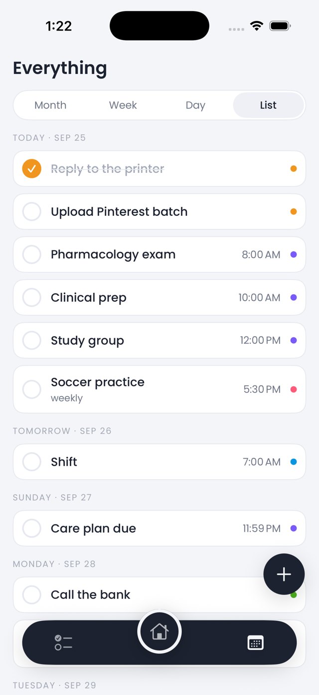 Everything in List view: the next days grouped with colored dots per row