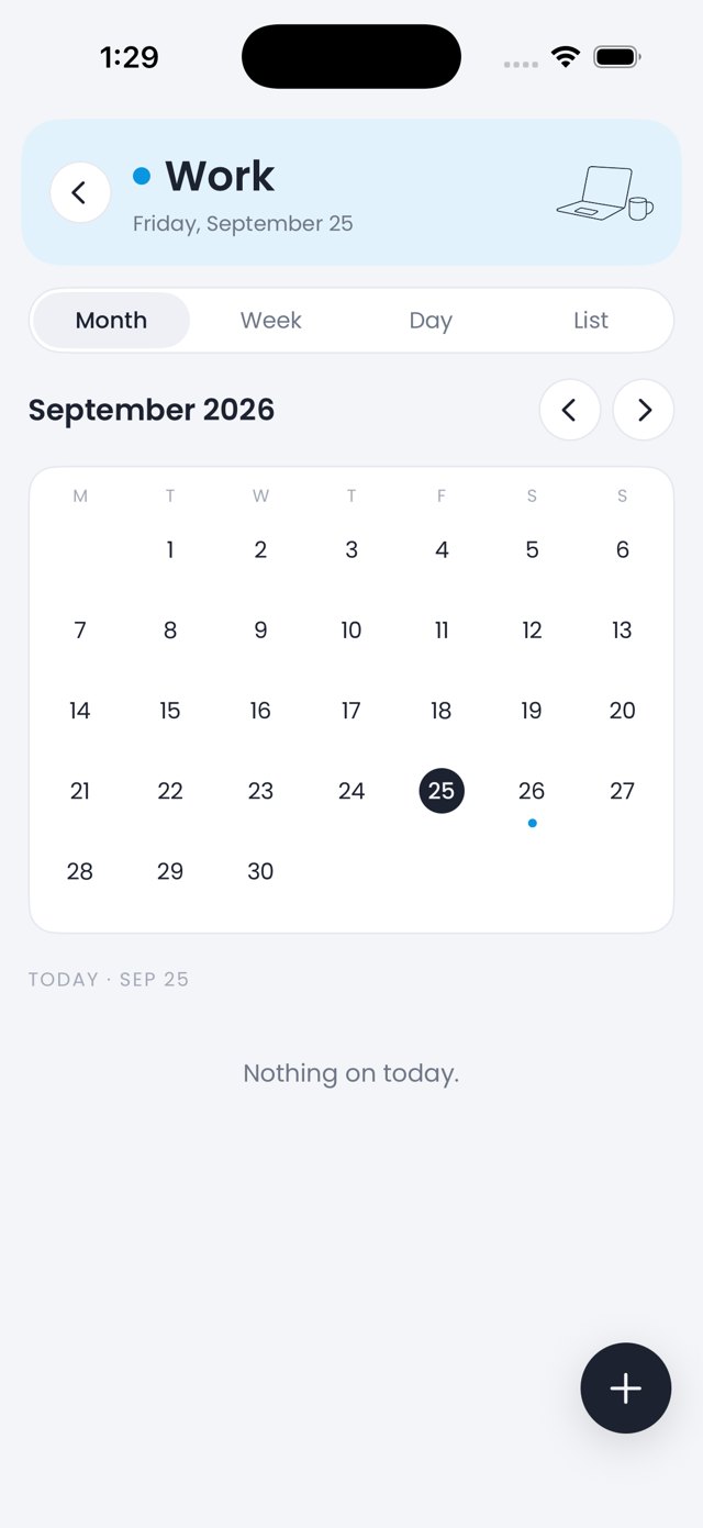 The Work calendar in Month view under a blue header band