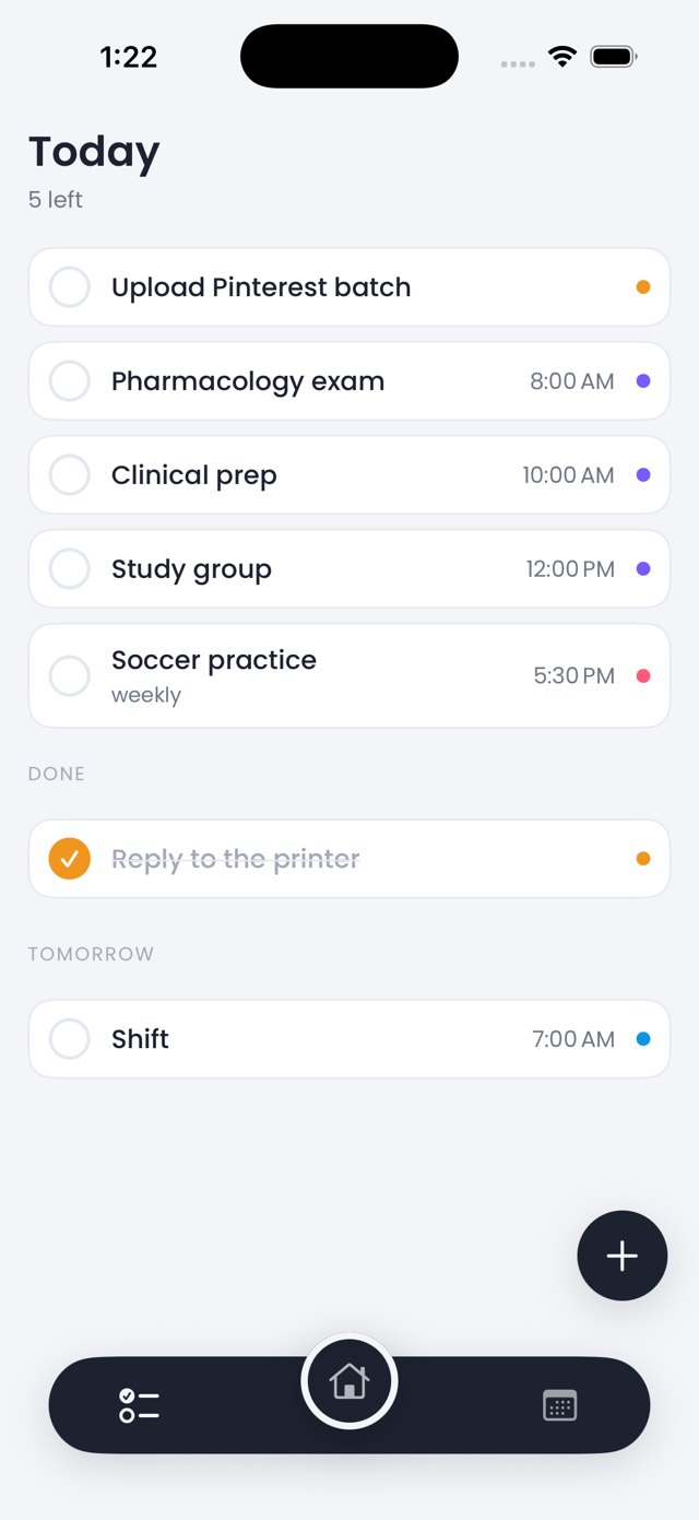 The Today screen listing everything across calendars for the day, each row with a colored dot